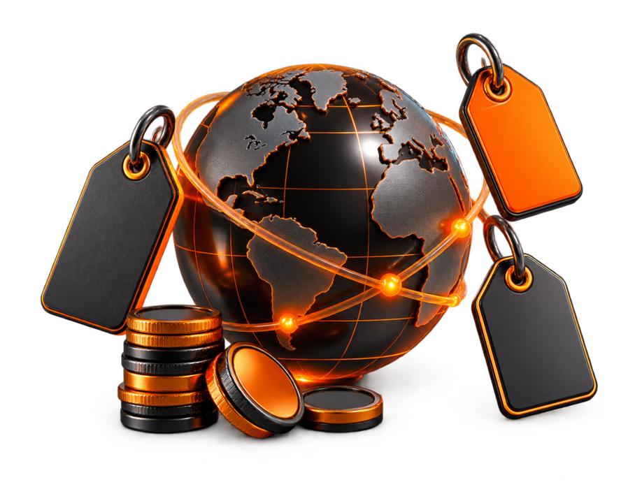 Domain pricing globe, tags and coins illustration